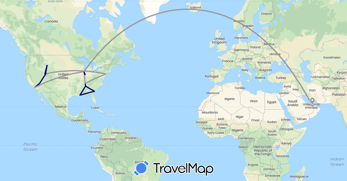TravelMap itinerary: driving, plane in United Arab Emirates, United States (Asia, North America)
